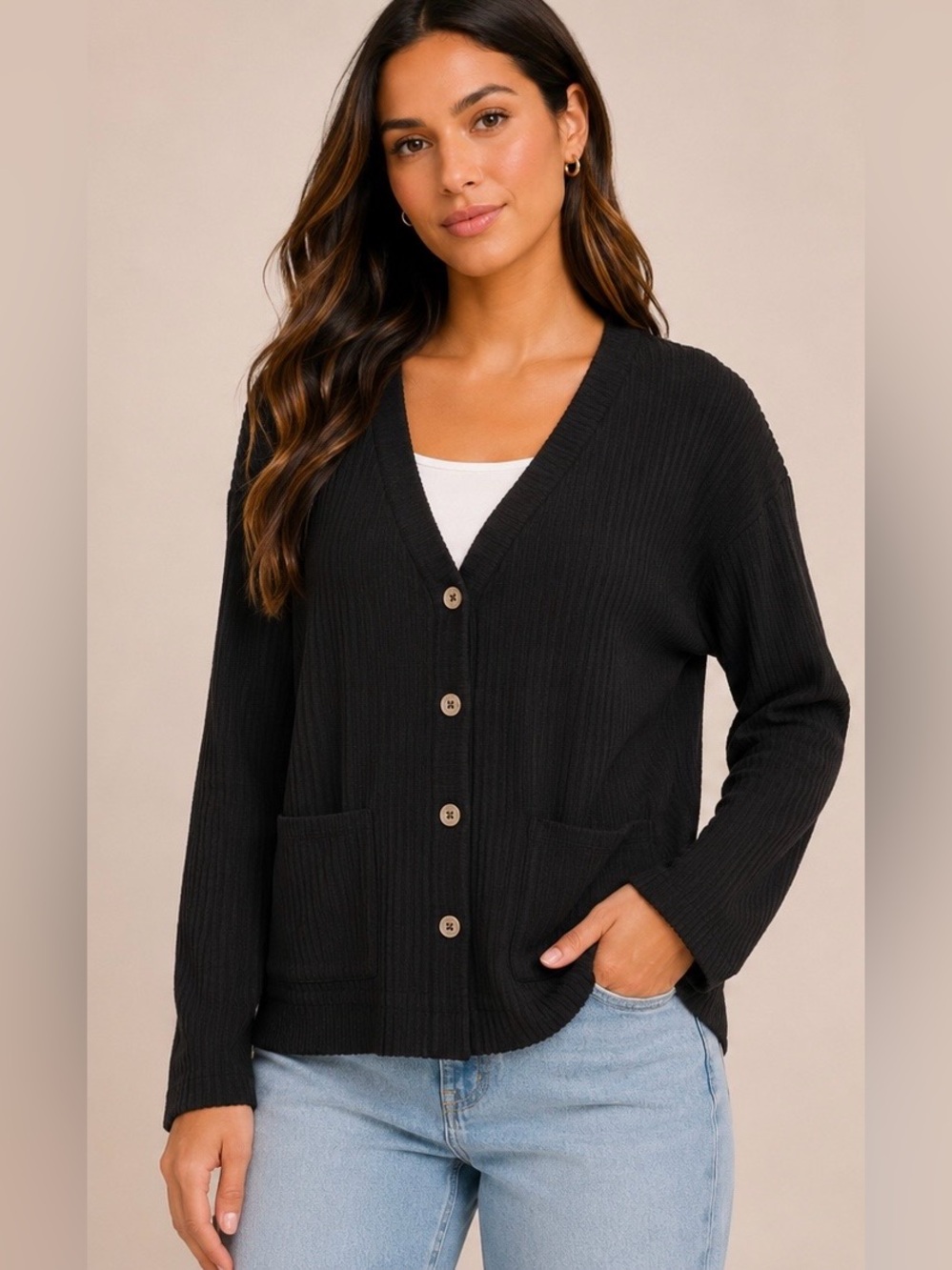 NWT Jaclyn New York Black Ribbed Button Front Cardigan Soft Lightweight Size S
